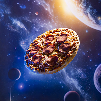 Schwebende Pizza mit Salami und Käse vor kosmischem Hintergrund mit Sternen und Planeten – Fotografie aus der Space-Food-Serie von Aldona Lis