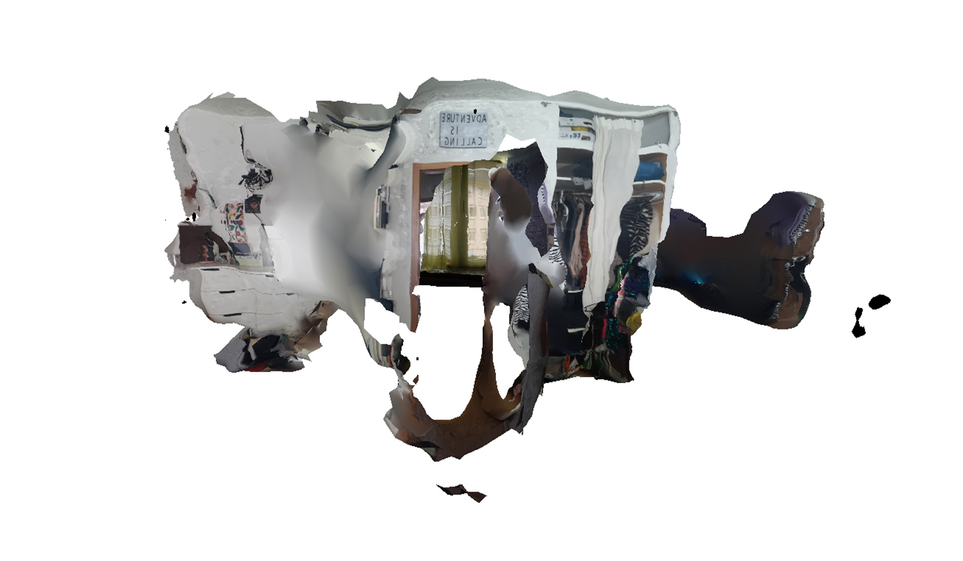 Frontale Ansicht eines fragmentierten, glitchartigen 3D-Modells eines Zimmers