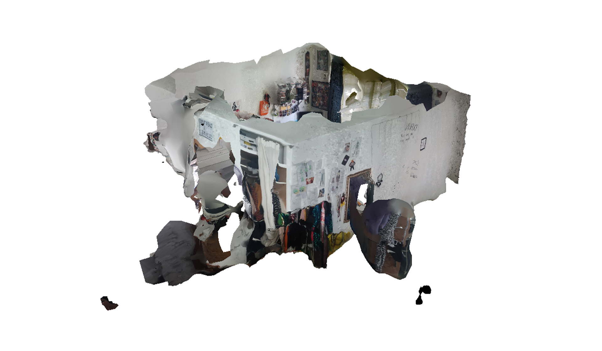 Seitliche Perspektive auf ein unvollständig rekonstruiertes, digital verzerrtes 3D-Zimmermodell